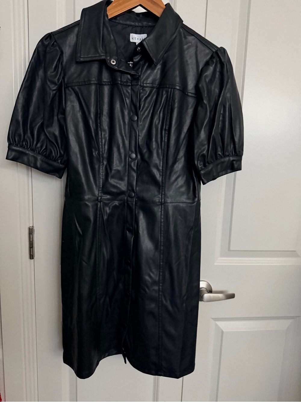 Kit+Sky Black Faux Leather Puff-Sleeve Dress